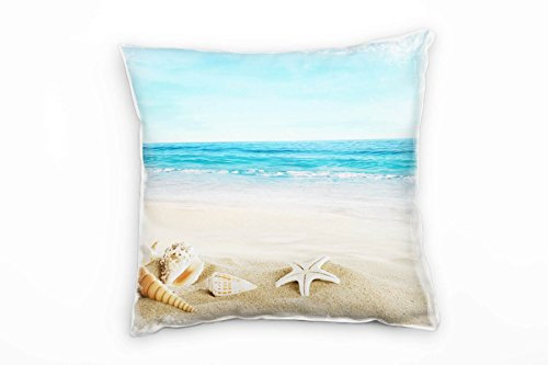 Paul Sinus Art Strand und Meer, beige, türkis, Muscheln, Sand Deko Kissen 40x40cm für Couch Sofa Lounge Zierkissen - Dekoration zum Wohlfühlen