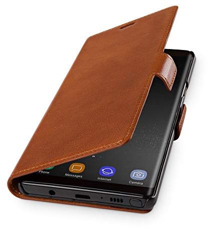 WIIUKA Echt Ledertasche - TRAVEL Italy - kompatibel für Samsung Galaxy Note 9 - PFLANZLICH GEGERBTES Leder - Cognac Braun, kabelloses Laden Qi, extra Dünn, Tasche Design Leder Hülle Case