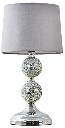 MiniSun | Modern Decorative Chrome and Mosaic Crackle Glass Table Lamp with a Grey Shade | Table Lamps, Home Décor & Improvement Essential | Includes 4W LED E14 Light Bulb