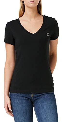 Calvin Klein Camiseta de Manga Corta Mujer CK Embroidery con Cuello de Pico, Negro (CK Black), XL