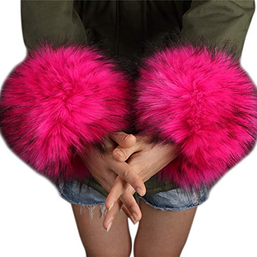 MoreChioce Pelzmanschetten,Kunstfell Armstulpen Damen Pulswärmer Flauschig Fellstulpen Herbst Winter Manschetten Handschuhe für Herbst Wintermantel Kapuze,Rosa Rot