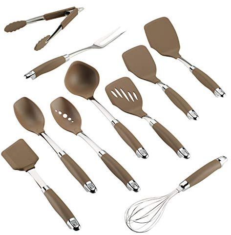 Anolon Tools Set/Nonstick Nylon Cooking Utensils/Kitchen Gadgets Includes Spoons, Turners, Ladle, Meat Fork, Whisk, and Locking Tongs, 10 Piece, Bronze