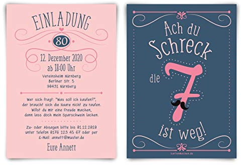 Kartenmachen.de Individuelle 80. Geburtstag Einladungskarten DIN A6 (148x105mm) - Ach du Schreck, die 7 ist weg - ab 10 Stück Sets