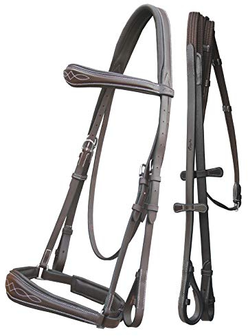 EXION Dressurtrense für Pferde - anatomische Ledertrense mit gepolstertem Reithalfter & Stirnband | inklusive Netzzügel mit Handstoppern | schwarz & braun | Cob, Full, Pony & Warmblut Größen