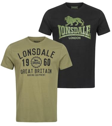 Lonsdale Uomo Bangor Double Pack T-Shirt, Black/Olive, Large