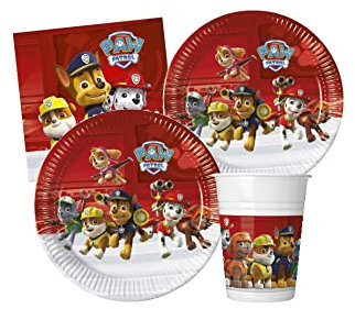 Isola Party Kit festa di compleanno Paw Patrol per 24 persone eco-friendly (24 piatti di carta ⌀ 23 cm, 24 bicchieri di plastica 200 ml, 40 tovaglioli di carta 33x33 cm)