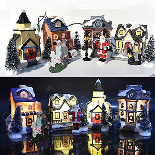 JAWSEU Juego de 10 casas de pueblo de Navidad con luz LED, adornos de escritorio de escena de ciudad de Navidad, funciona con pilas, figuras de resina, juegos de construcción de pueblo
