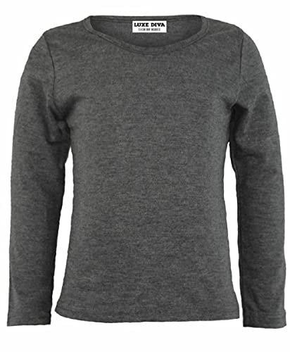 LUXE DIVA Girls Boy Kids Plain Basic Long Sleeve Round Neck T-Shirt Stretch School Tee Top 2-13 Years Charcoal