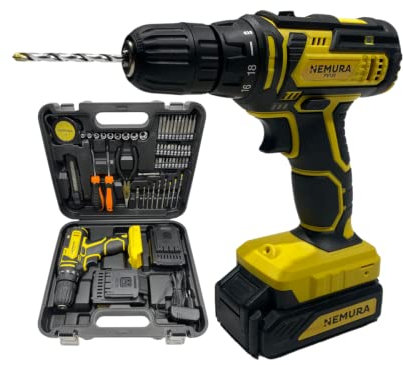 Nemura Trapano avvitatore a batteria da 20V - con 2 Batterie da 1,5Ah - 2 Velocità e Mandrino Autoserrante - Avvitatore Elettrico - Impugnatura morbida e Luce LED - Marca francese