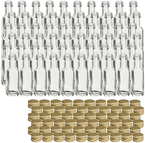gouveo 60er Set Glasflaschen 20 ml Maraska mit Schraubverschluss goldfarben - Mini Flasche 0,02 l zum Befüllen - Glasfläschchen für Likör, Schnaps, Öl oder zum Basteln