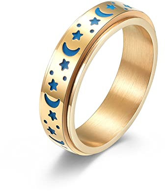 Yifnny Spinner Ring, Edelstahl Spinner Ringe für Damen Herren Zappelbandringe Mond Stern Ringe Stressabbauende Hochzeit Versprechen Leuchtender Ring (Luminous Glow-Gold, 7)