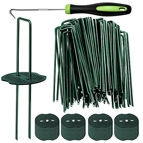 Bakulyor Lot de 50 piquets verts pour gazon artificiel + 50 rondelles tampon, agrafes de paysage de calibre 11, 15.2 cm, goupille de sol robuste pour barrière d'herbe, tissu de gazon