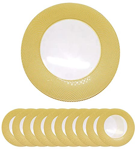 Trimming Shop 13-Inch Round Glass Charger Plates with Gold Checkered Design for Weddings, Banquets, and Dinner Parties – Elegant Decorative Serve Ware Pack of 12