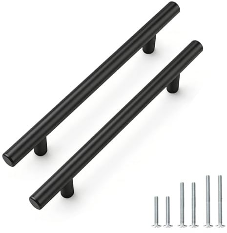 PinLin 30 Pack Kitchen Door Handles 128mm Hole Centre Flat Black Cabinet Handles Stainless Steel Cupboard T Bar Handle