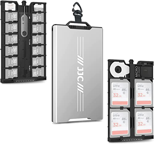 JJC Étui en métal ultra fin pour carte mémoire 12 cartes Micro SD TF MSD + 4 cartes SD + 2 Nano SIM – avec mousqueton à tête plate Outil de retrait de carte Micro SIM et mini règle