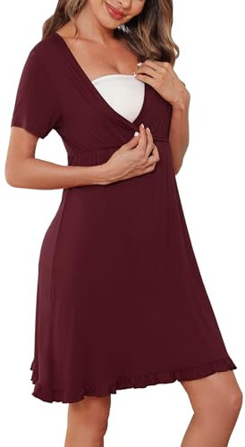 Bresdk Chemise de Nuit Allaitement Femmes Enceintes à Manches Courtes Nuisette Allaitement Coton Robe Maternité à Volants Col V Vêtements de Nuit, Manche Courte - à Volants - Vin Rouge, XL