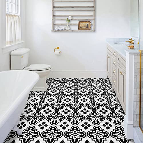 Floor Tiles Self Adhesive Peel and Stick Floor Tiles Vinyl Flooring Waterproof for Bathroom Kitchen Living Room Black White Pattern 30x30 cm 10 pcs