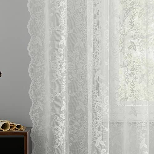 FINECITY Spitzenvorhänge 274 cm Länge, Vintage Country Floral Sheer Lace Vorhänge für Wohnzimmer, Stangentasche Privatsphäre gewellte Spitze Fenstervorhänge, 132x274 cm, 2 Panels Set, Elfenbein/Creme