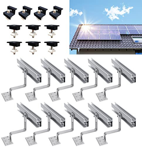 TEOV Kit de montage PV pour toit en tuiles, support de panneau solaire avec rail de montage de 30 cm et crochet de toit, support de panneau solaire avec pince d'extrémité et pince centrale, pour 4