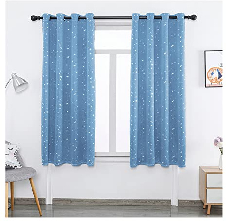 Homxi Lichtdichte Vorhänge Kinderzimmer 2er Set 2 x 132Wx160L cm,Gardinen Blickdicht Blau Einfarbig und Sterne Ösenvorhang Gardine