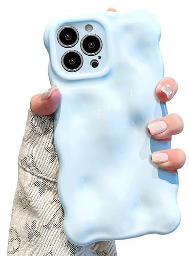 UEEBAI Case for iPhone 14 Pro 6.1 inch, Cute Solid Color Curly Wave Shape Shockproof Soft TPU Bumper Phone Case, Candy Water Ripple 3D Silicone Slim Pretty Case Non-yellowing Cover,Blue