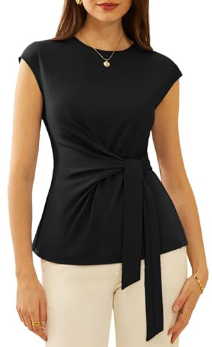 GRACE KARIN Women's Cap Sleeve Tie Waist Dressy Work Wrap Tops Black M