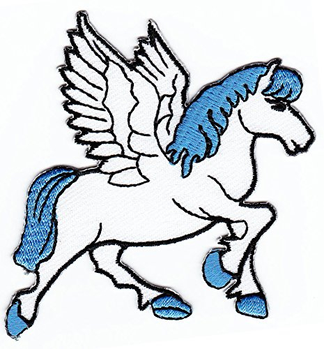 Pegasus Pferd Flügel Blau Weiß Aufnäher zum aufbügeln oder aufnähen Bügelbild Aufbügler für Kleidung gestickter Bügelpatch Applikation Patch Größe 7,5 x 7,5 cm