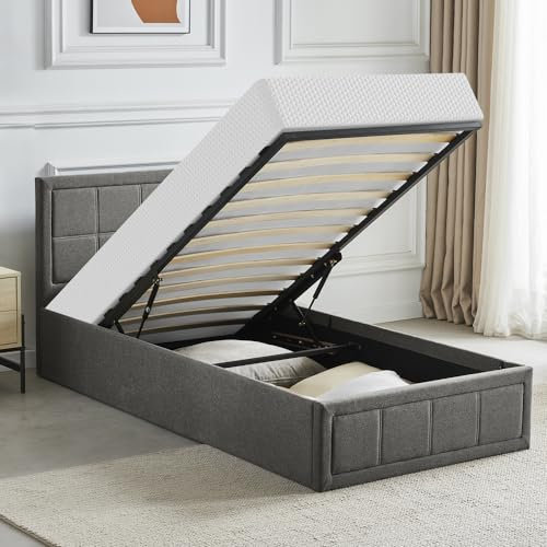 Blisswood Ottoman Bed, Upholstered Bed Frame, Ottoman Bed With Storage Gas Lift End Opening Wooden Slats Single Double Bed Frame With Storage (Linnen Dark Grey With Mattress, Small)