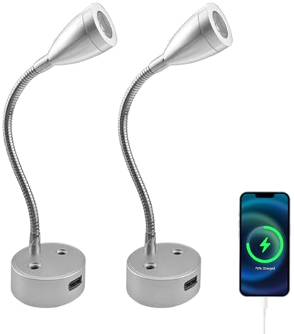 WMYYLX 2 Stück Spot Leselampe, 12V LED Leselampe Wandleuchte, 3W Dimmbare RV Leseleuchte mit USB-Ladeanschluss, 360° Flexible Schwanenhals für Camper Reisemobil Caravan Boat (Silber)