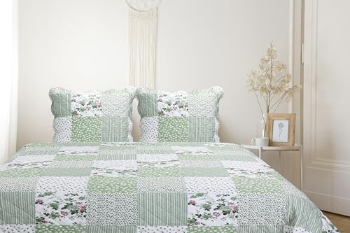 Alguna vez Boutis Patchwork Verde Abril, Manta acolchada para 2 personas, cubierta de cama, 230 x 250 cm, con 2 fundas de almohada de 65 x 65 cm, colcha acolchada para 2 personas, sábana de flores,