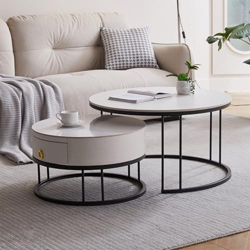 okwish Runden Couchtisch 2er Set, Moderne Wohnzimmertisch mit Marmoroptik, Hochglänzend Satztisch mit Stauraum, beistelltisch rund, für Wohnzimmer, Balkon und Büro, Metallgestell, Weiß und Schwarz