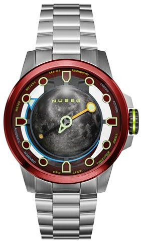 Nubeo Herren-Armbanduhr 48 mm Tranquility Automatik Limited Edition mit massivem Edelstahlarmband NB-6091, Gibbous Red, Armband