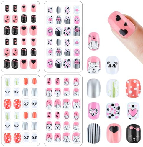 96 Pcs Fake Nail Press on Nails for Girls, Lovely False Nail Tips Pre-glue Full Cover Short Acrylic Gradient Color Nails for Girls Kids Nail Art Decoration(Cute Animal)