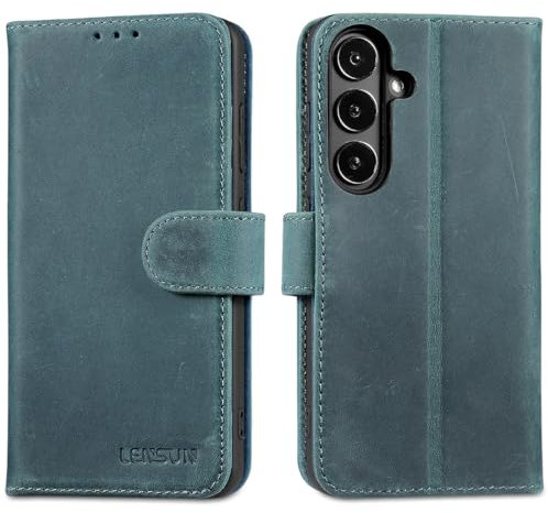 LENSUN Echtleder Hülle für Samsung Galaxy S24 5G, Handyhülle Echtes Leder [RFID Schutz] [Wallet Fach] Lederhülle Handytasche für Samsung Galaxy S24 - Retro Blau