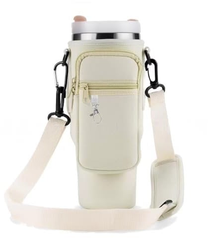 Suzmei Water Bottle Carrier Bag for Stanley Cup - Fashion Holder With Strap & Phone Pocket, Pouch Fits 40oz Tumbler for Walking and Hiking (Beige)