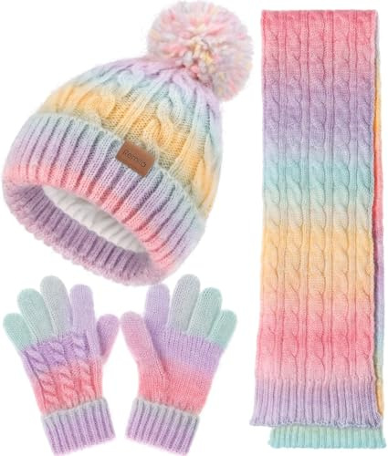 Kids Winter Hat Scarf Gloves Set, Girls Boys Toddler 8% Wool Warm Fleece Lined Pom Pom Beanie Hat Knit Neck Scarf Soft Thick Mittens Gloves for Cold Weather 3 In 1 Birthday Christmas Gift for Children