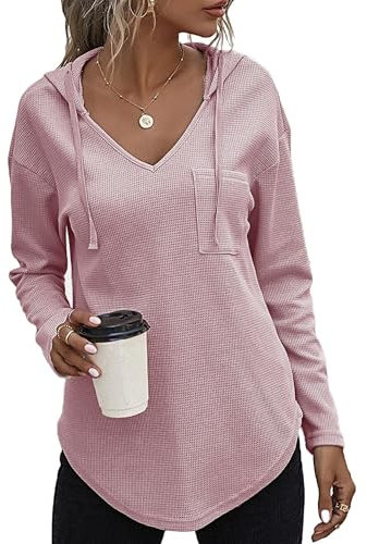 SENBATU Sweat à Capuche Femmes Pull à Manches Longues col en V Sweat à Capuche avec Cordon de Serrage et Poches Rose Sombre Petit