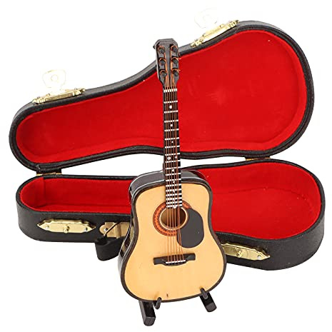 Miniatur Gitarre aus Holz, Mini Musikinstrument Miniatur Puppenhaus Modell Dekoration mit Ständer und Koffer, 13 x 5,1 x 1,5 cm