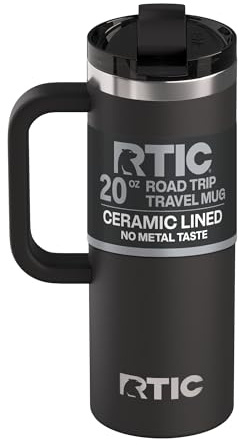 RTIC 20oz Road Trip Travel Mug with Lid and Handle, Ceramic Lined, Insulated, Stainless Steel, Metal, Double Wall Vacuum-Insulation, Portable Coffee, Tea Cup for Hot and Cold Drink, Black