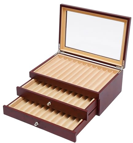 SUONTY Luxus Stifthalterbox mit Vitrine, Platz für 34 Schreibgeräte, Füllfederhalterbox mit 2 Schublade, Penbox Veranstalter Aufbewahrungskis Holz (Rot)