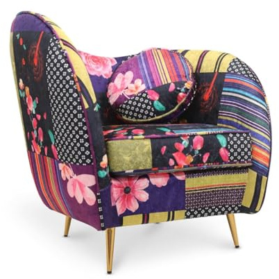 Vibrant Eclectic Modern Floral Striped Patchwork Print Single Accent Sofa Chair with Asymmetrical Arms - Comfortable Curved Fireside Armchair for Bedroom Living Room Reading Lounge Conservatory Office