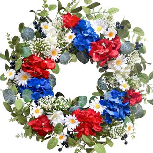 22 Inch Patriotic Red White Blue Flowers Wreath for Front Door, Forth of July Hydrangea Daisy Flower Wreath for Indoor and Outdoor, Memorial Day Independence Day