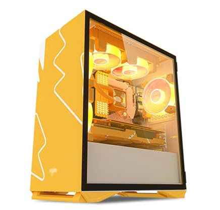 Mid-tower computer case ITX/M-ATX can install 5 ARGB case fans USB2.0-USB3.0-HD audio, tempered glass side panel(Yellow)