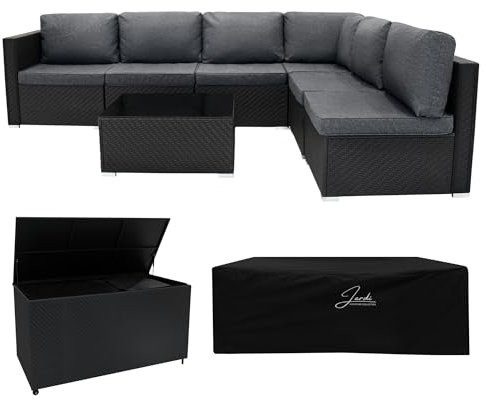 Rattan Gartenmöbel 7-teiliges Set & 700L Aufbewahrungsbox Schwarz 5-Sitzer Sofa Ecksofa Stühle mit Kissen, Tisch, wasserdichte Innenauskleidung, Truhe, Gaslift-Deckel, Rollen, Regenabdeckung