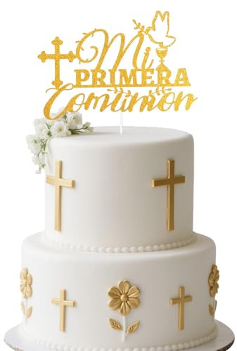 Tinoaly Kuchenaufsatz Mi Primera Comunion, Dekoration für Die Erstkommunion Taufe Hochzeit Babyparty Geburtstagsparty Spanische Religiöse Kuchendekoration für Jungen und Mädchen (Goldglitzer)