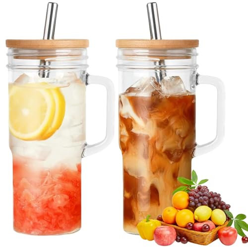 Glass Cups 2Pcs Glass Tumbler with Handle Reusable Wide Mouth Drinking Glasses Bottle Iced Coffee Cup Bubble Tea Mug with Lid & Stainless Steel Straws & Brushes, for Smoothie Cocktail Whiskey Milk (2)