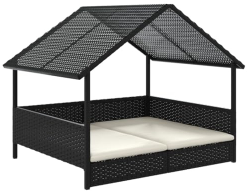 vidaXL Hundehütte mit Kissen, Hundehaus mit Stahlgestell Dach, Hundezwinger mit Erhöhter Boden, Hundekäfig Haustierhütte, Schwarz Poly Rattan