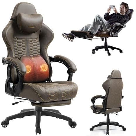 Dowinx Gaming Chair Dual-Point Massager Ergonomic Computer Chair with 360°-Swivel Footrest and Lumbar Support Heavy Duty PC Chairs with Headrest for Office, Brown