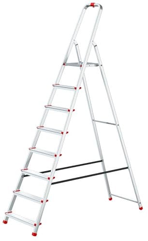 Baulich – Escabeau en Aluminium – 8 Marches, avec Crochet et 4 Embouts Antidérapants – Structure Solide et Ergonomique, Facile à Transporter – 237x52x12cm – Capacité de Charge Jusqu’à 125 kg