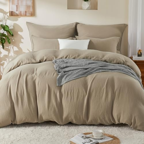 EMME Musselin Bettwäsche 100% Baumwolle, 155x220 Doppelte Sommer Bedding Bettwäsche-Sets mit Reißverschluss, 1er Set Bettbezug mit 1 Kissenbezüge 80x80 cm, Musselin Tagesdecke, ÖKO-TEX, Taupe
